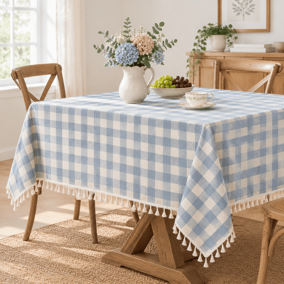 Blue Checkered Tablecloth Rectangle Easter Ton Linen Fabric Gingham ...