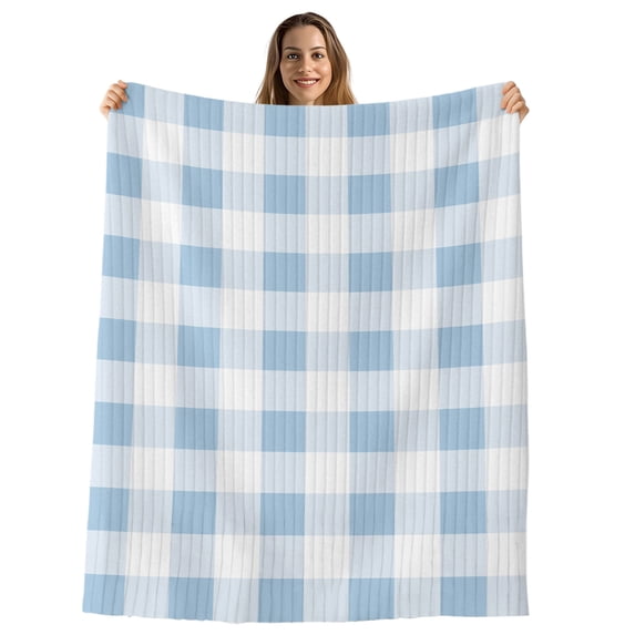 Blue Checkered Throw Blanket, Flannel Fleece Blanket with Striped Design for Couch, Blue White Buffalo Plaid Soft Breathable All Season Plush Blankets for Sofa Office Bed 50"x60"