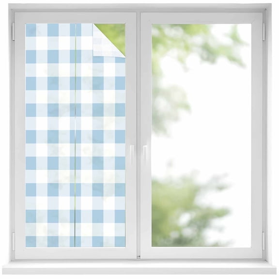 Blue Checkered Window Privacy Film, Blue White Buffalo Plaid Static Cling UV Sun Blocking Heat Control Window Tint Day and Night, Non-Adhesive Reusable One Way Windows Privacy Cover 19.6''x39.3''