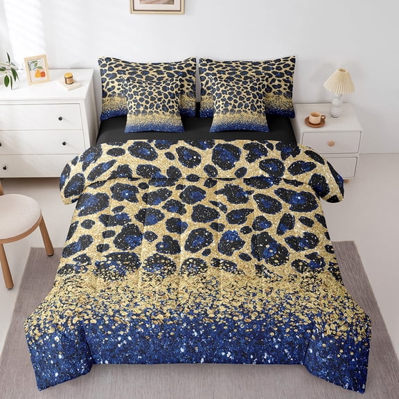 Blue Cheetah Print Bed in a Bag King Size Comforter Set 7 Pieces,Gold Sequin Print Bedding Set Animal Hide Leopard Sheet Set with Comforter African Animals Bed Set,Spot Western Decor