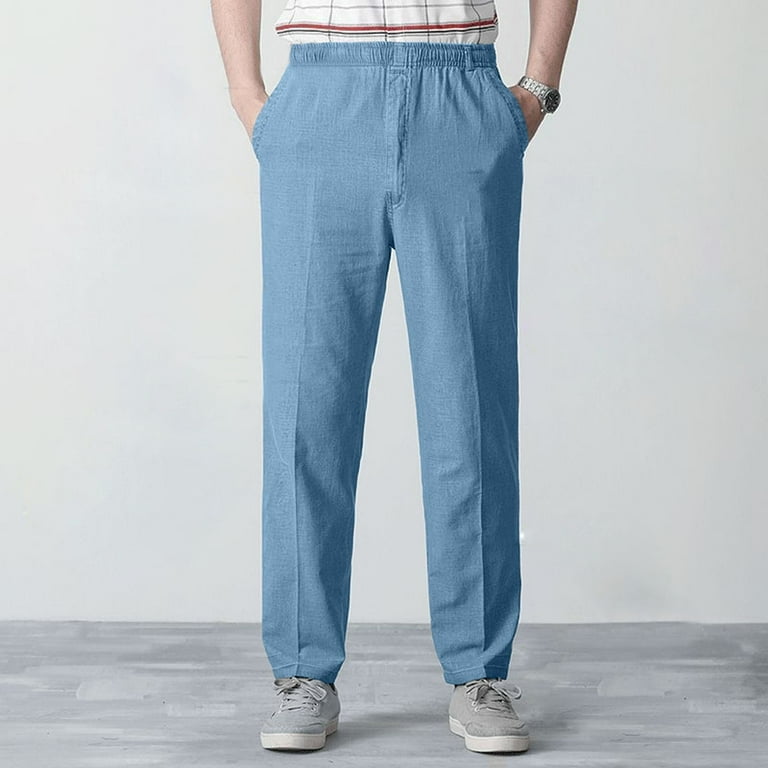 Blue Chef Pants Linen Mens Pants Slim Fit Elastic Waist Short Sleeve Men Cargo Pants Big Tall Full Length XXL Mens Pants Relaxed Fit Mens Dress