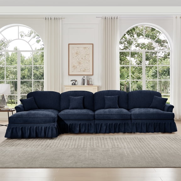 Blue Chenille 4-Seat Sectional Couch: Modular L-Shape Sofa with Flared Arms, Removable Ruffles & Spindle Legs, Deep Seat Comfort for Living Rooms & Apartments