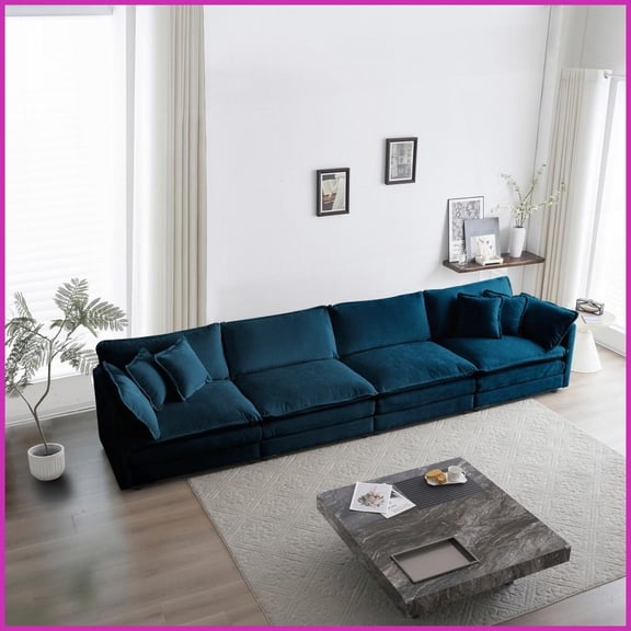 Blue Chenille 4-Seater Modular Sofa - Breathable Fabric, Solid Wood Frame for Living Room