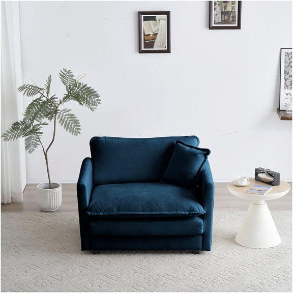 Blue Chenille Fabric Single Seat Sofa, Upholstered Reading Armchair with Toss Pillow for Living Room
