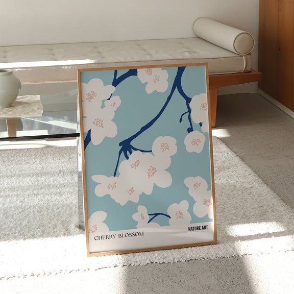 Blue Cherry Blossom Abstract Floral Wall Art, Unframed Paper Print Size 8x12