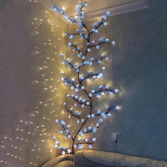 Blue Cherry Blossom LED Lights for Bedroom Decor, Cherry Blossom Willow Vine Branch with Remote Control,Flexible DIY Design,48 LED 8 Modes,for Party, Living Room, Wall Decorations (47inch)