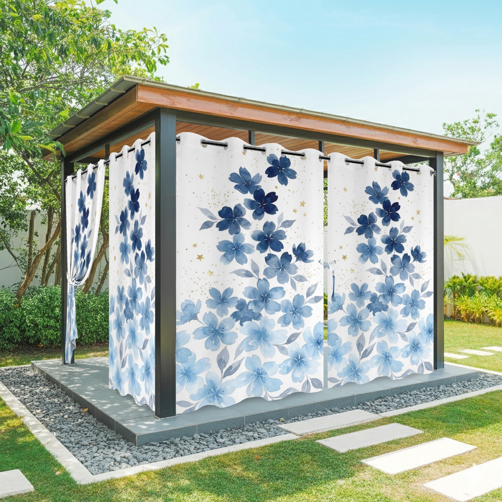 Blue Cherry Blossom Outdoor Curtains for Patio, Watercolor Floral Botanical Sunshade Privacy Drapes Grommet Waterproof Outside Curtains for Porch/Cabana/Balcony 54"x 108", 1 Panel