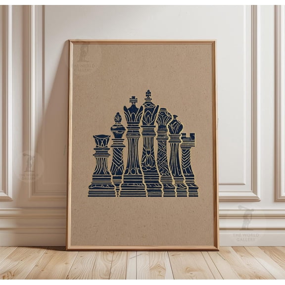 Blue Chess Pieces Poster Vintage Chess Wall Art Minimal Strategy Art, Unframed Poster