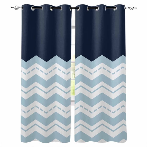 Blue Chevron Blackout Curtains for Bedroom Living Room Darkening Curtains 90 Inch Geometric Black Print Wavy Striped White Black Out Window Curtain Privacy Window Treatment Grommet Drapes 52"x90"x2