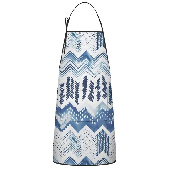 Blue Chevron Geometric Boho Pattern Apron-Garden Aprons for Women with Pockets-Cotton Linen Waterproof Kitchen Cooking Gardening Aprons Adjustable for Kitchen,Cooking,BBQ and Salon 33x27 Inch
