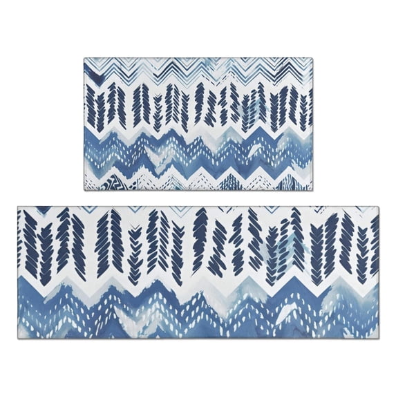 Blue Chevron Geometric Boho Pattern Kitchen Rugs Sets Of 2,Anti Fatigue Kitchen Mat Rugs Non Slip Washable,Decorative Kitchen Floor Mats for Kitchen,Sink,Laundry,17"x30"+17"x47"