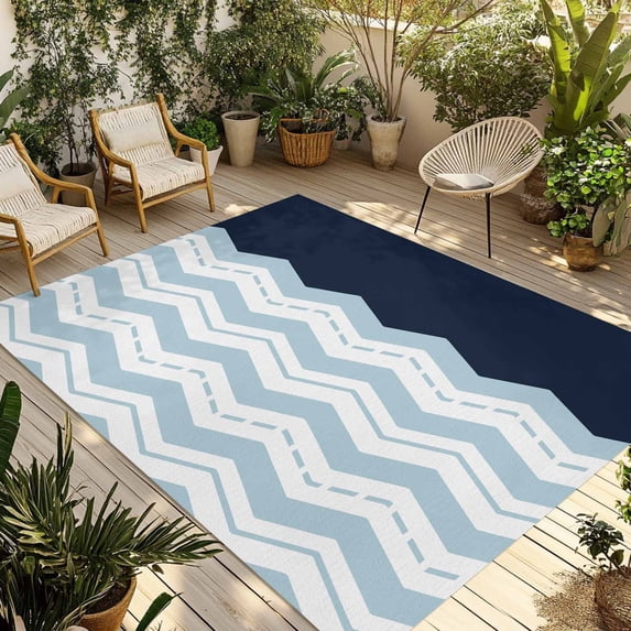 Blue Chevron Outdoor Rug 4x6 Ft - Reversible Patio Rug Outdoor Camping Rugs, Geometric Black Print Wavy Striped White Washable Indoor Outdoor Area Rugs, Non-Slip Outdoor Carpet Runner for Deck/Porch