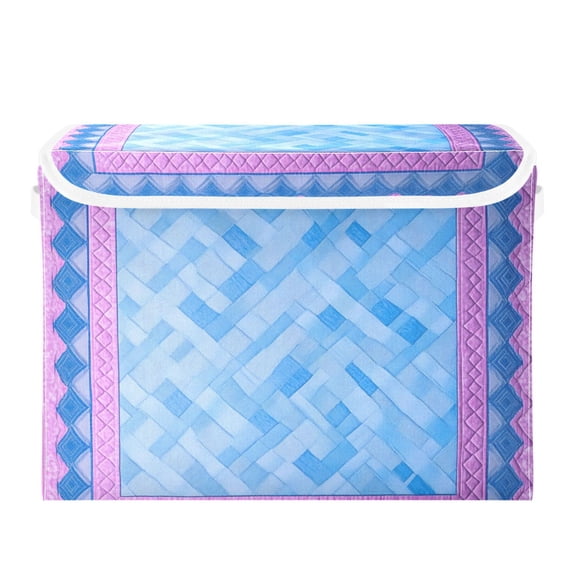Blue Chevron Pattern Large Storage Bins with Linen Collapsible Lid Storage Box 16.7 x 12.6 x 11.8in