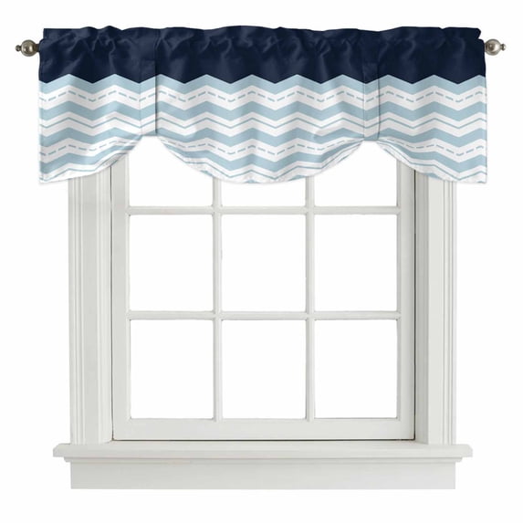 Blue Chevron Tie Up Valance Curtains for Windows, Kitchen Curtains Window Treatments, Geometric Black Print Wavy Striped White Short Window Shades Valances for Bedroom Bathroom Cafe 54"x18"