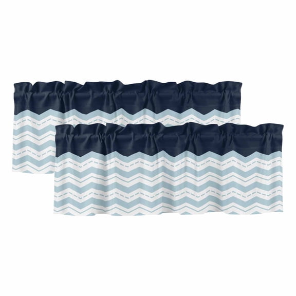 Blue Chevron Valances for Windows, Decorative Rod Pocket Window Valance Curtains, Geometric Black Print Wavy Striped White Short Curtain Drapes for Kitchen/Living Room, 2 Panels, 42" W x 12" L