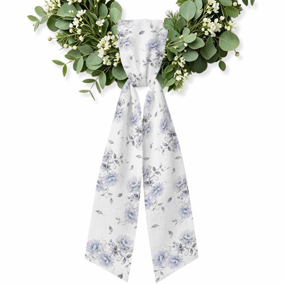 Blue Chic Floral Wreath Sash for Front Door, Spring Flower Garden Farmhouse Wreath Bow Accent for Fall Christmas Holiday Door Decor, Ribbon Sash for Wreaths, Porch Home Decoration