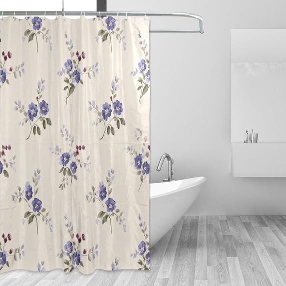 Blue Chic Flowers Beige Background Shower Curtains with 12 Hooks Waterproof Bathroom Decor 66" x 72"
