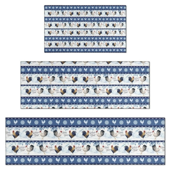 Blue Chicken Stripe Pattern Kitchen Rugs Sets Of 3,Kitchen Runner Rugs Non Skid Washable,Decorative Kitchen Floor Mats for Kitchen,Sink,Laundry,17"x30"+ 17"x47" + 17"x59"