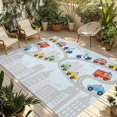 thumbnail image 1 of Blue Childlike Fun Outdoor Rug for Patio/Deck/Porch, Non-Slip Large Area Rug 5 x 7 Ft, Abstract Modern City Car Silhouette Indoor Outdoor Rugs Washable Area Rugs, Reversible Camping Rug Carpet Runner, 1 of 8