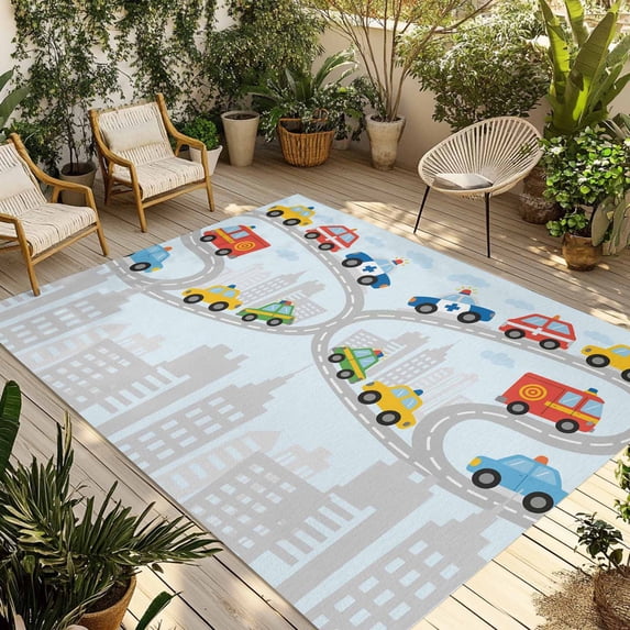 Blue Childlike Fun Outdoor Rug for Patio/Deck/Porch, Non-Slip Large Area Rug 5 x 7 Ft, Abstract Modern City Car Silhouette Indoor Outdoor Rugs Washable Area Rugs, Reversible Camping Rug Carpet Runner