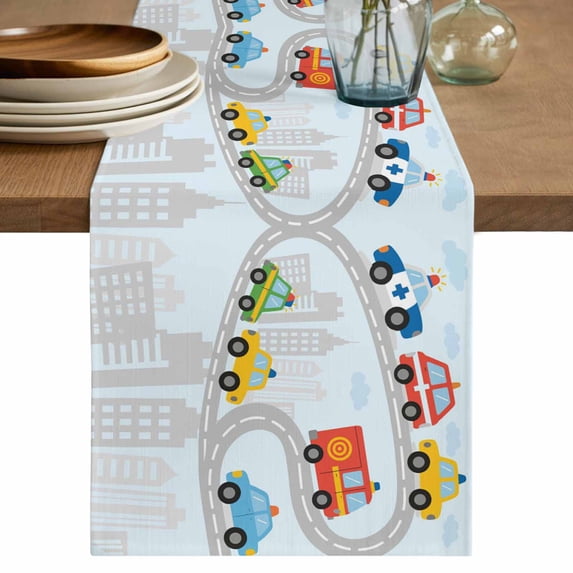 Blue Childlike Fun Table Runner 48 Inches, Abstract Modern City Car Silhouette Bed Runner Dresser Scarves Tabletop for Indoor Outdoor Parties/Ceremony/Banquet, 13" x 48"