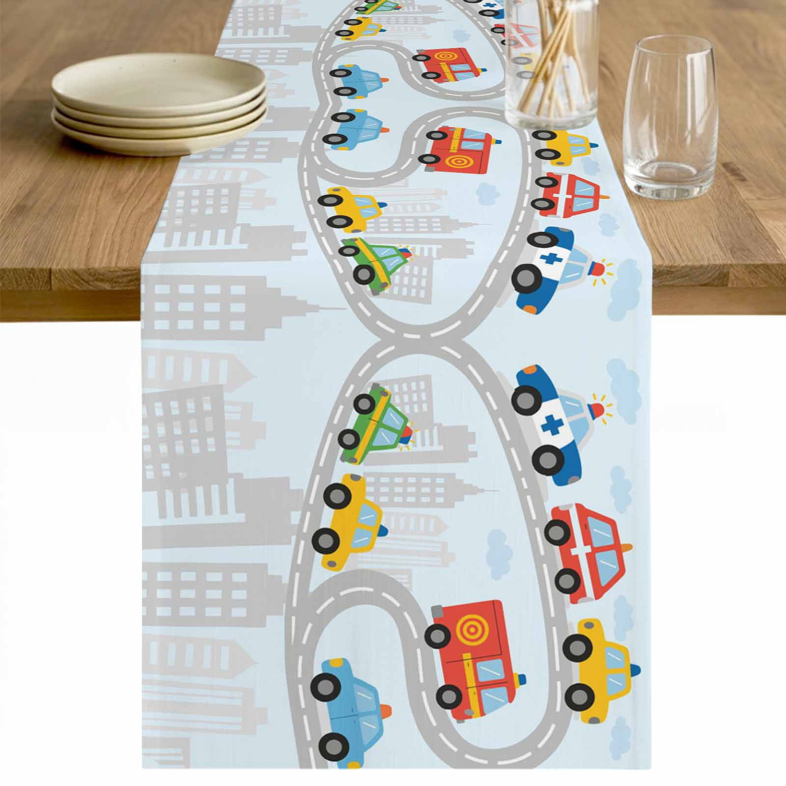 Blue Childlike Fun Table Runner - 90 Inch Long Abstract Modern City Car ...