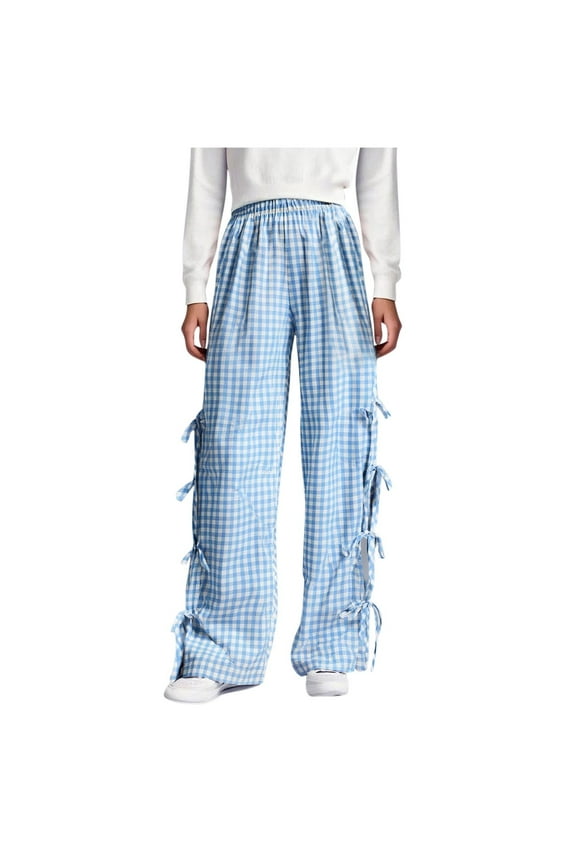 Blue Children Boy Girl Brunch Pants Shorts for Child Bow Tie Plaid Flared Wide Leg Tie Knot Plain Long Bootcut Leg Fall Summer 2026 Clothing 7 Years