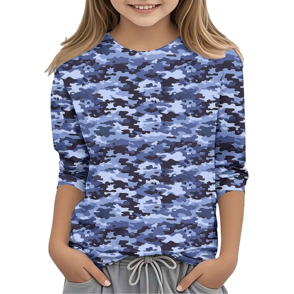 Blue Children Boy Girl Print Tops Crewneck Spandex Blouses for Kid 3/4 Length Sleeve Lounge Camo Camouflage Summer Fall Shirts 2026 Clothing Country Concert Y2K 3 Years