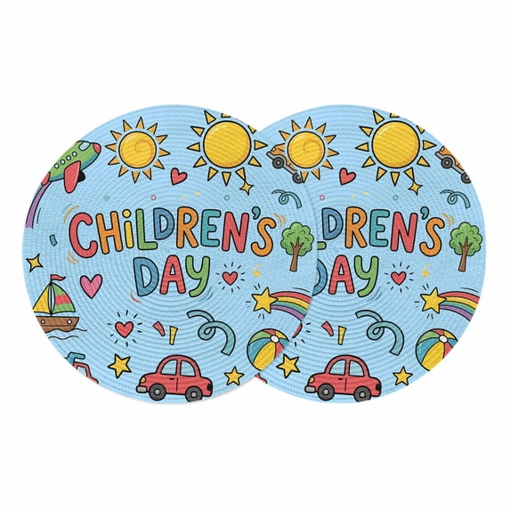 Blue Children's Day Round 13 Inch Placemats Set of 2, Car Tree Stars Modern Abstract Art Cartoon HeatResistant Non Slip Place Mats for Dining Table, Wipeable Kitchen Table Mats for Housewarming