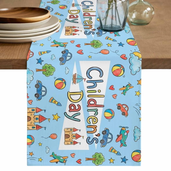 Blue Children's Day Table Runner 70 Inches, Car Tree Stars Cartoon Modern Art Bed Runner Dresser Scarves Tabletop for Indoor Outdoor Parties/Ceremony/Banquet, 13" x 70"