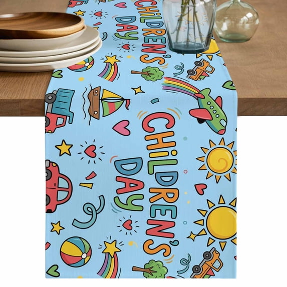 Blue Children's Day Table Runner 90 Inches, Car Tree Stars Modern Abstract Art Cartoon Bed Runner Dresser Scarves Tabletop for Indoor Outdoor Parties/Ceremony/Banquet, 13" x 90"