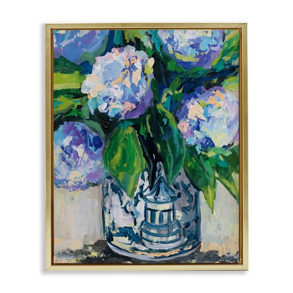 Stupell Industries Blue China Hydrangeas Gold Framed Floater Canvas Wall Art, design by Jeanette Vertentes, 31 x 25