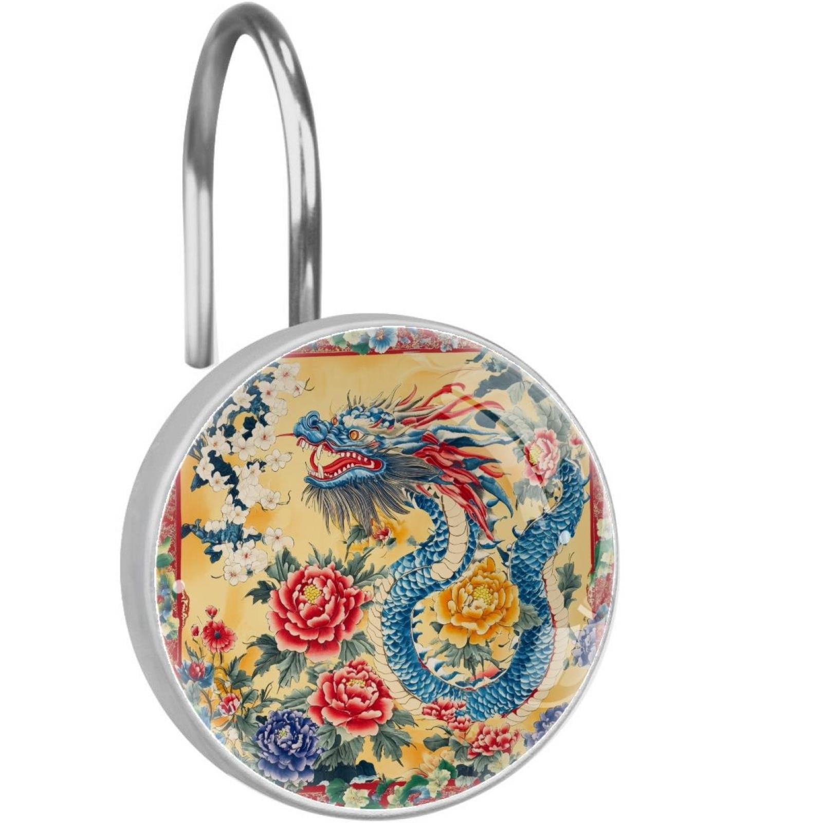 Blue Chinese Dragon Blossom Peony Shower Curtain Hooks Round Crystal Glass, Set of 12 Shower Curtain Rings - Shower Hooks for Curtain Shower Rings