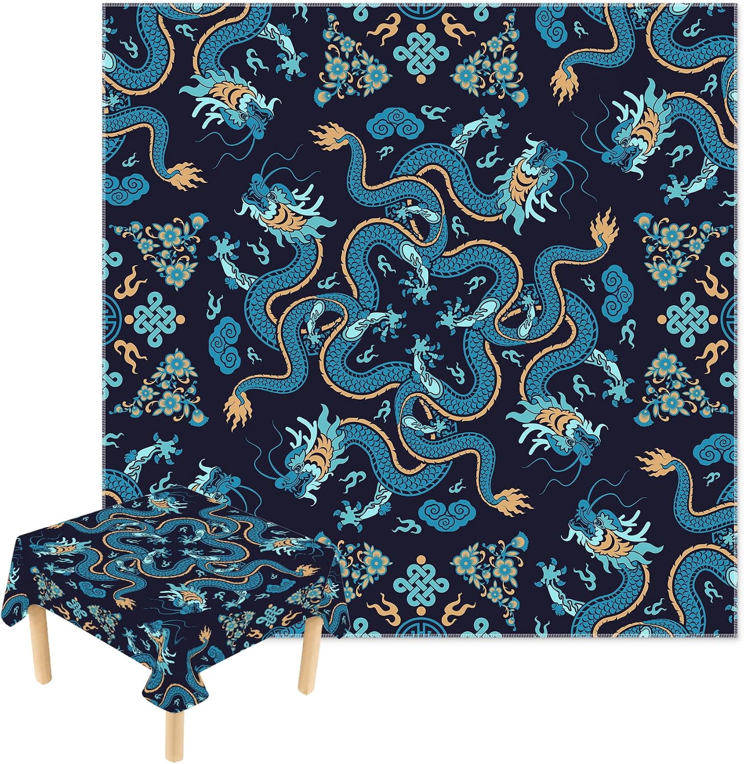 Blue Chinese Dragon Chinoiserie Mahjong Tablecloth Square 55 Inch ...