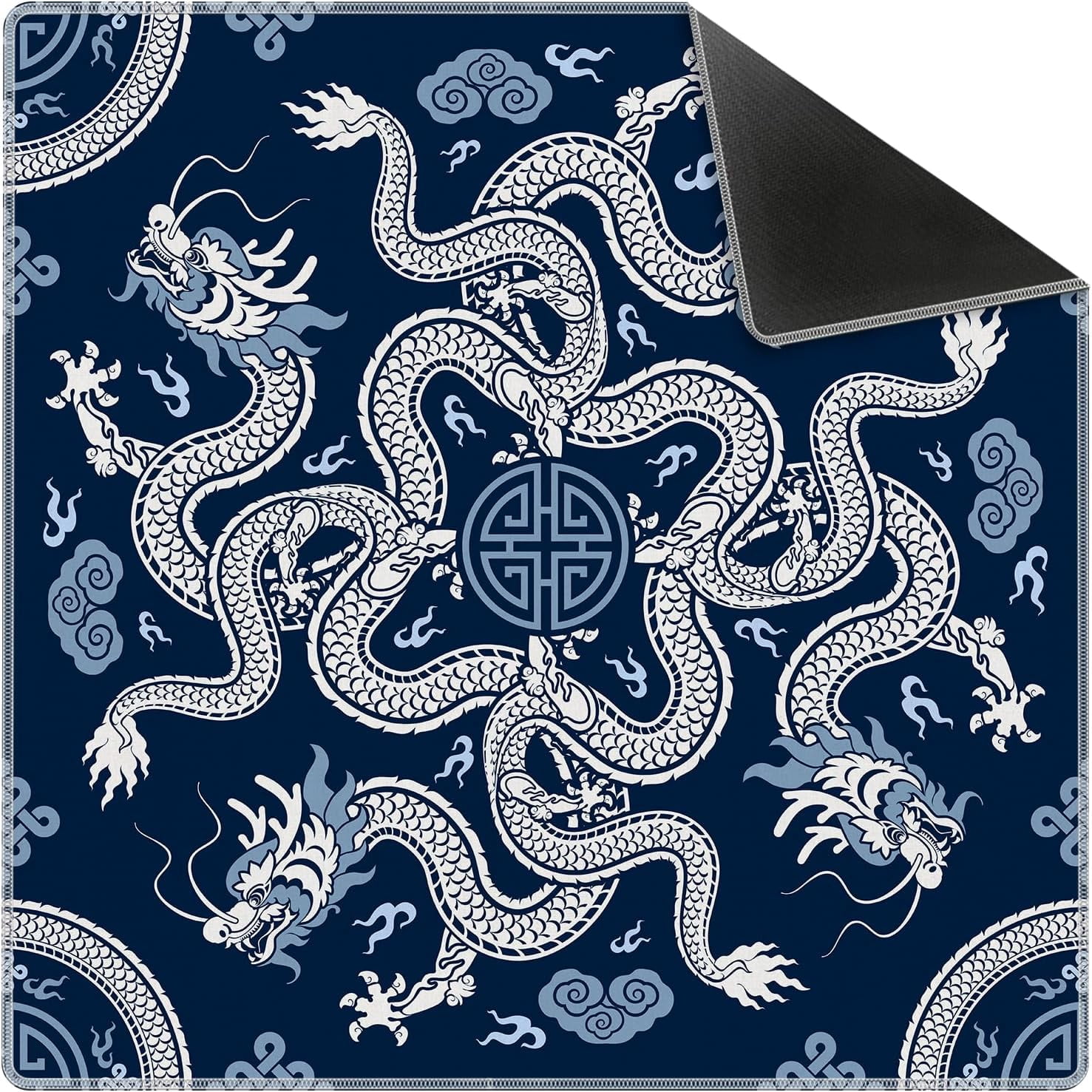 Blue Chinese Dragon Mahjong Mat 31.5" x 31.5", Vintage Oriental Chinoiserie Non-Slip Noise Reduction Mahjong Table Cover Accessories Supplies for Dominoes Poker Card Board and Tile Games Gifts