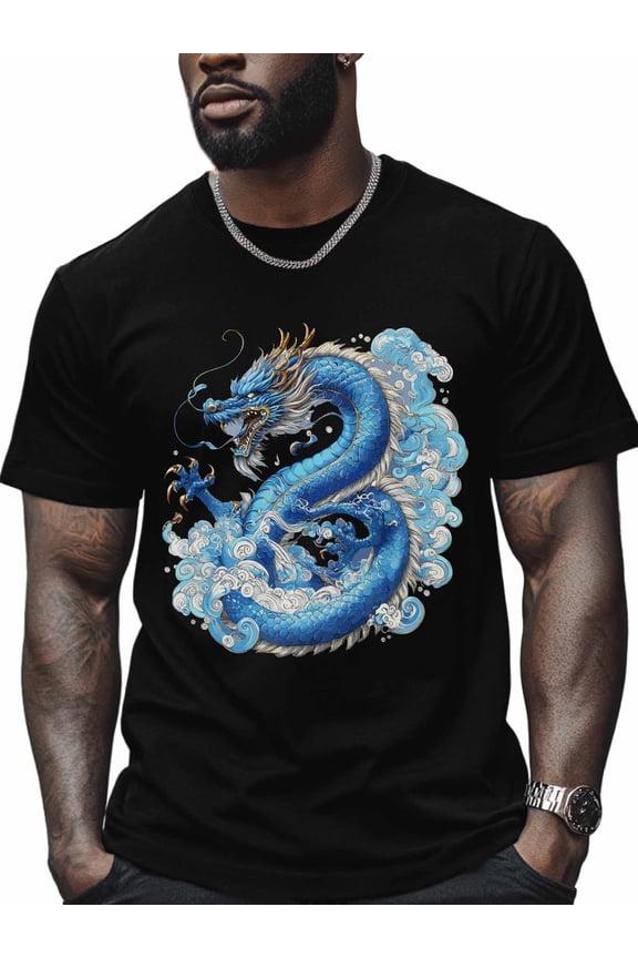 Blue Chinese Dragon Men's T Shirts Blue Dragon T-Shirt for Men Crew Neck Tees Cotton Tops, Black, 2XL