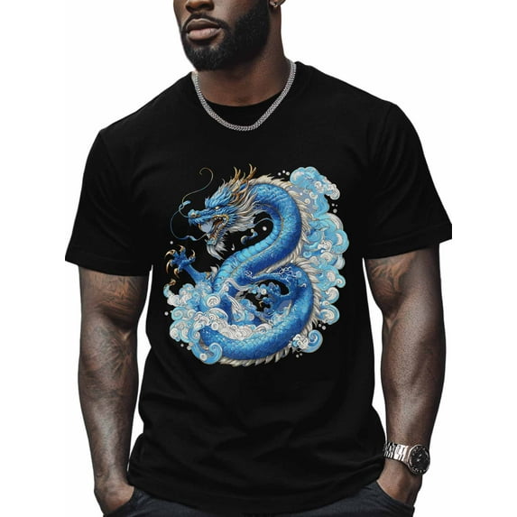 Blue Chinese Dragon Men's T Shirts Blue Dragon T-Shirt for Men Crew Neck Tees Cotton Tops, Black, S