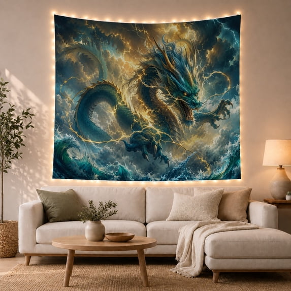 Blue Chinese Dragon Over Stormy Ocean, Dramatic Ethereal Fantasy Art for Mythology Fans, Celestial Wall Art Decor Housewarming Gift Tapestry Wall Hanging for Living Room, Bedroom and Dorm