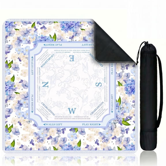 Blue Chinese Floral Mahjong Mat, Non-Slip Noise Reduction Neoprene Table Pad with Travel Storage Bag for American Mahjong