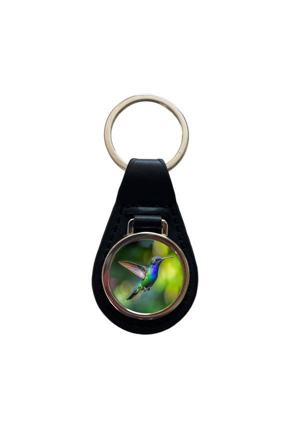 Blue Chinned Sapphire Hummingbird Backyard Bird Metal Black Leather Keychain