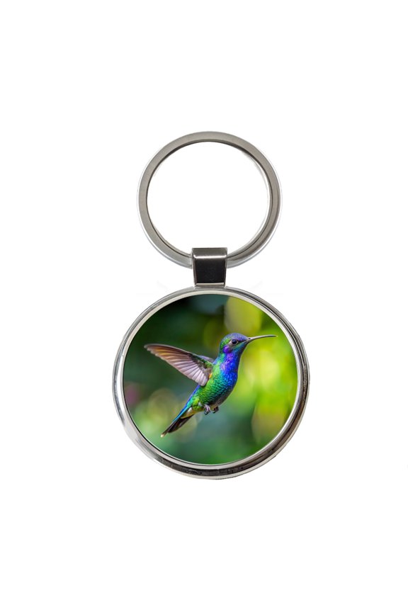 Blue Chinned Sapphire Hummingbird Backyard Bird Metal Round Keychain