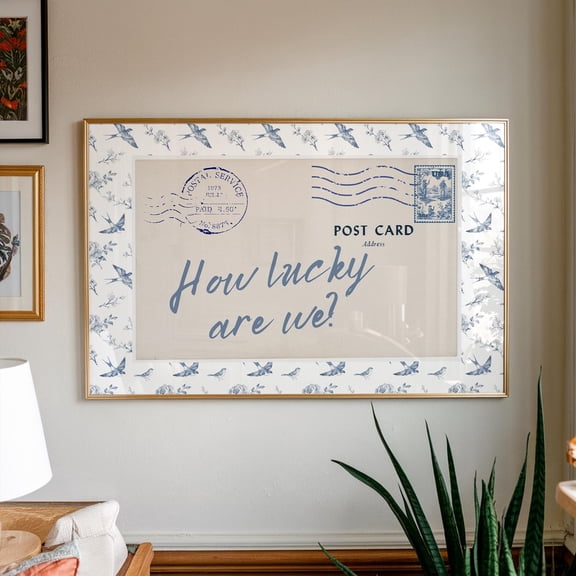Blue Chinoiserie Bird Postcard How Lucky Are We Poster Unframed Paper Print