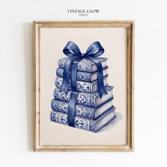 Blue Chinoiserie Bookshelf Poster, Floral Library, Minimalist Coquette ...