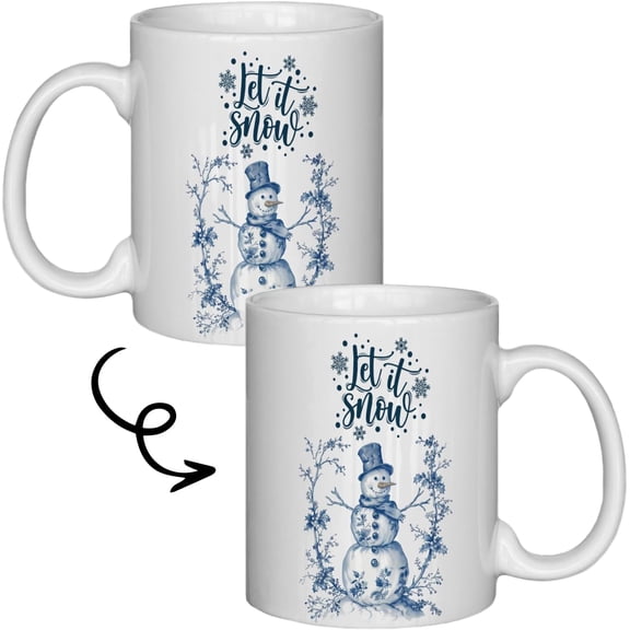 Blue Chinoiserie Christmas Snowman Ceramic Coffee Mug 11 Oz, Grandmillennial Christmas Coffee Cup Ceramic, Blue and White Winter Snowman Snowflake Tea Cups