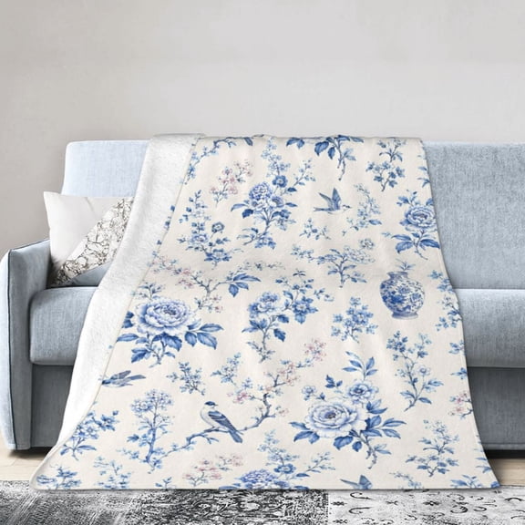 Blue Chinoiserie Floral Bird Blanket Gift Throw Blanket Gift for Women Vintage Porcelain Home Decor 80x60