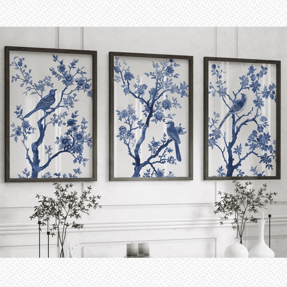 Blue Chinoiserie Floral Bird Porcelain Vintage Pattern Poster Set 3 Prints Set 3 , Poster Only