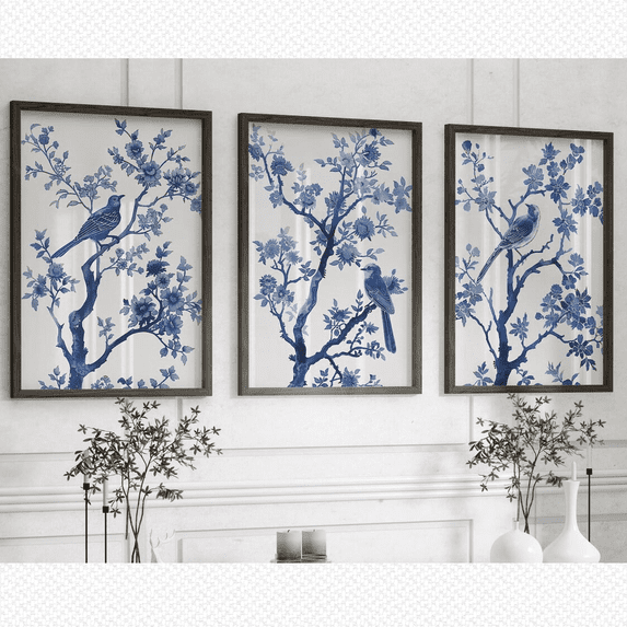 Blue Chinoiserie Floral Bird Porcelain Vintage Pattern Poster Set 3 ...