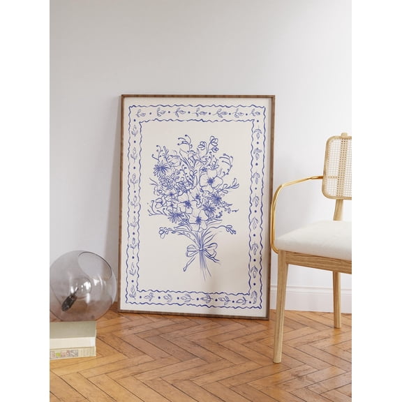 Blue Chinoiserie Floral Botanical Wall Art, Unframed Paper Print Size 8x12