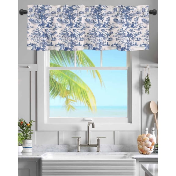 Blue Chinoiserie Garden Pavilion Curtain Valances for Kitchen Windows,Rod Pocket Short Valance Asian Scenic Hill Boat Plant Small Window Treatment for Living Room Bathroom Bedroom,42"x12"-1 Panel