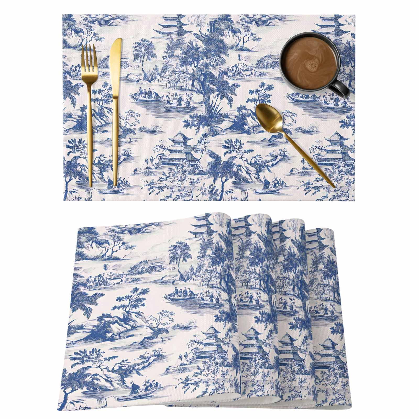 Blue Chinoiserie Garden Pavilion Placemats Set of 6,Wipeable Washable ...